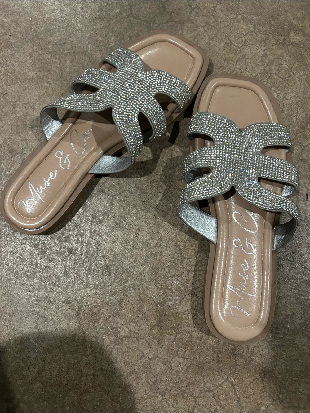 Musse & Cloud Silver Crystal Slide Sandals - Size 6